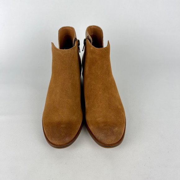 Frye Caden Womens Suede Notched Ankle Bootie Cognac Tan Metallic Heel size 6 - Picture 2 of 16